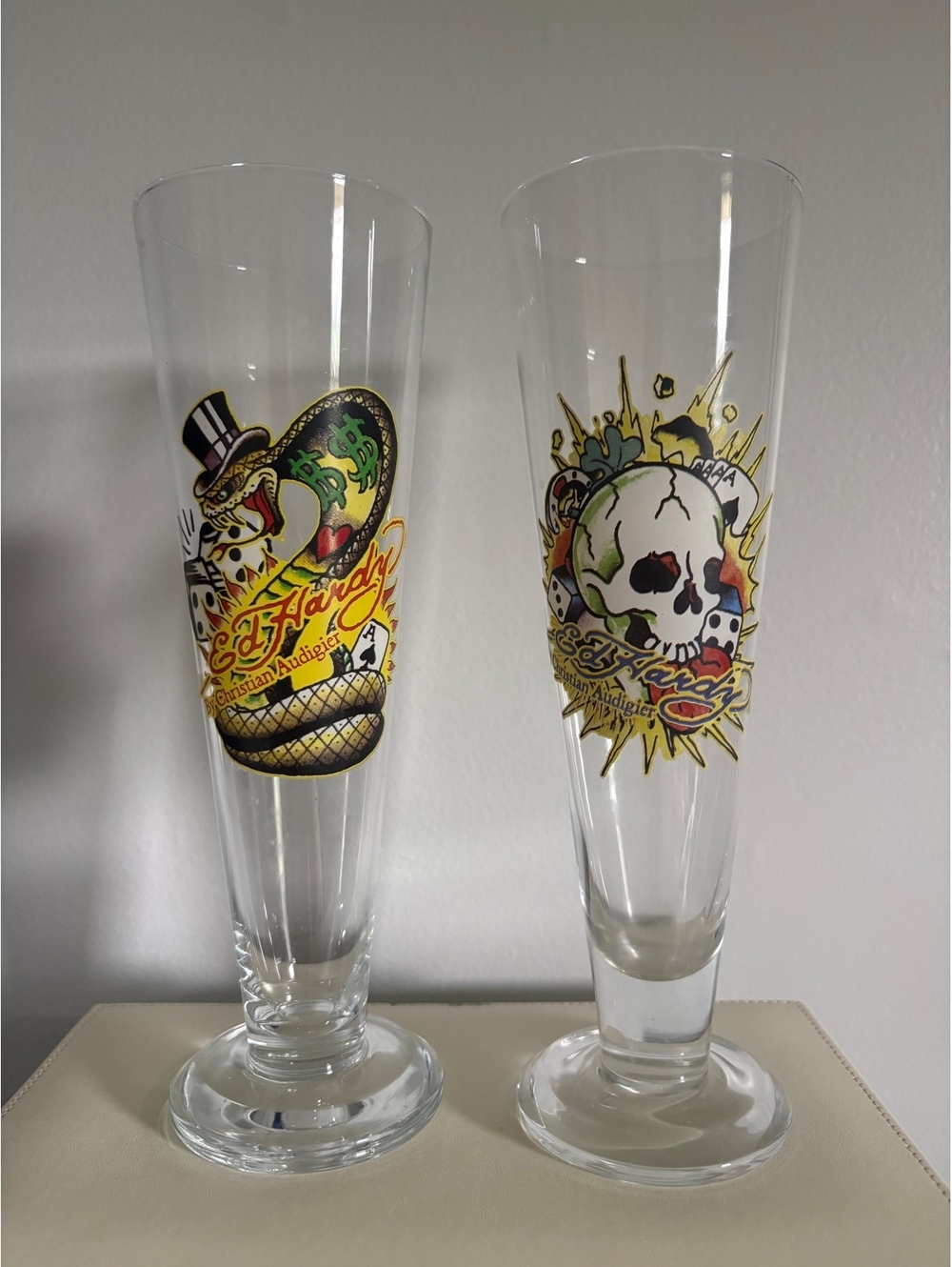 Ed Hardy Vintage Tall Glasses Set with Skull and Snake Designs